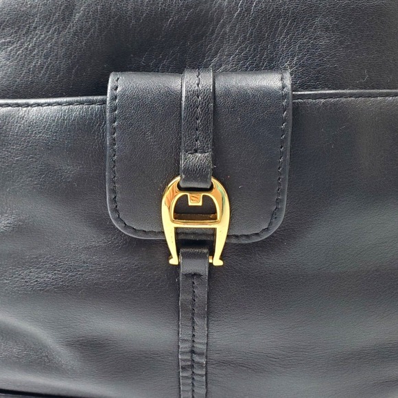 Etienne Aigner Black Genuine Leather Shoulder Bag Gold Hardware Tote Womens - Picture 2 of 8